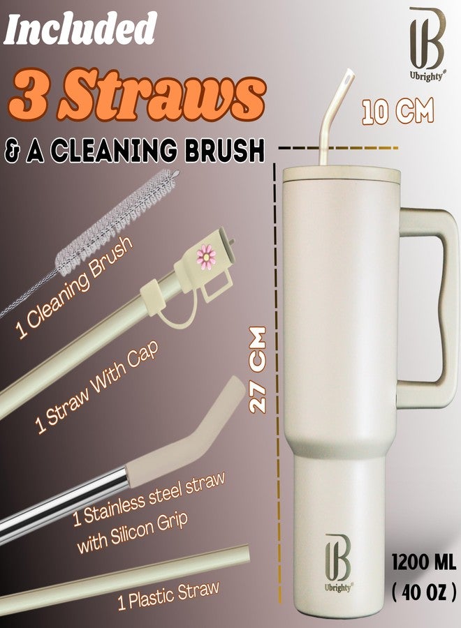 Ubrighty Tumbler With Straw And Lid | Single Ps Sipper Bottle | 1200ML Stainless Steel Water Tumbler Insulated Hot And Cold With Handle Leak Proof Cup Cupholder For Gym office Travelling women (CREEM) - Image 3